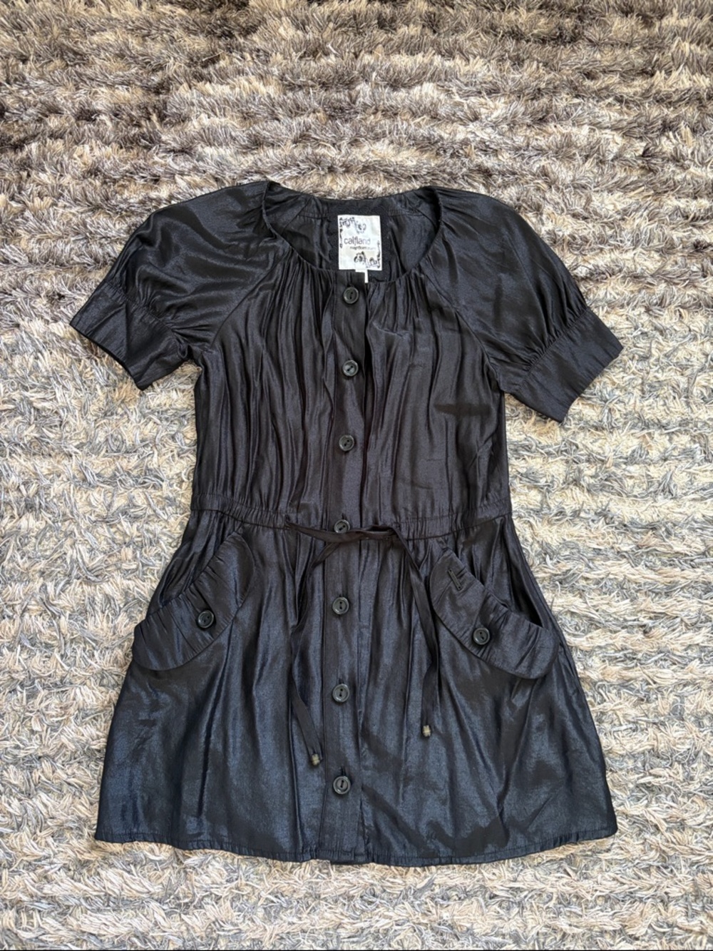 Women's Black Short Sleeve Button-Front Silk Mini Dress/Coat Size S